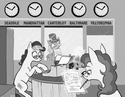 Size: 1100x847 | Tagged: artist:pedantia, derpibooru import, everfree northwest, monochrome, mouth hold, news, newsroom, oc, oc:front page, oc:gemini star, oc:pedantia pixel, safe, unofficial characters only