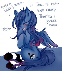 Size: 1280x1461 | Tagged: safe, artist:ask-aki-pony, derpibooru import, oc, unofficial characters only, pegasus, pony, aki, blushing, clothes, crying, laughing, plot, socks, solo, striped socks