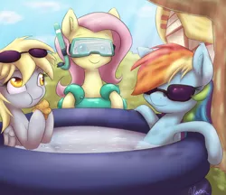 Size: 1450x1250 | Tagged: safe, artist:alasou, deleted from derpibooru, derpibooru import, derpy hooves, fluttershy, rainbow dash, pegasus, pony, female, floaty, goggles, inner tube, mare, muffin, snorkel, sunglasses, swimming pool