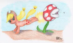 Size: 1157x690 | Tagged: safe, artist:kuroitsubasatenshi, derpibooru import, applejack, bucking, crossover, nintendo, piranha plant, super mario bros., traditional art