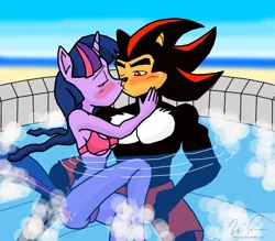 Size: 1431x1256 | Tagged: anthro, artist:sonigoku, background pony strikes again, bikini, blushing, clothes, commission, crossover, crossover shipping, derpibooru import, female, interspecies, jacuzzi, kissing, male, safe, shadow the hedgehog, shadtwi, shipping, sonic the hedgehog (series), straight, swimsuit, twilight sparkle, wat