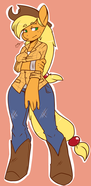 Size: 941x1920 | Tagged: anthro, applejack, artist:slipe, boots, clothes, derpibooru import, hat, hoof boots, jeans, pants, safe, shirt, solo, unguligrade anthro