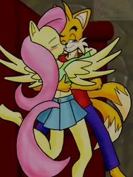 Size: 1249x1652 | Tagged: anthro, artist:sonigoku, blushing, commission, crossover, crossover shipping, derpibooru import, female, fluttershy, fluttertails, interspecies, kissing, love, male, miles "tails" prower, safe, shipping, sonic the hedgehog (series), straight