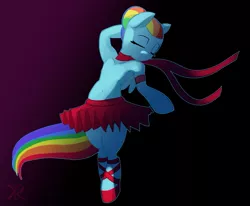 Size: 1119x921 | Tagged: safe, artist:raikoh, derpibooru import, rainbow dash, pegasus, pony, abstract background, alternate hairstyle, ballerina, ballet, belly button, bipedal, clothes, eyes closed, female, mare, rainbow dash always dresses in style, rainbowrina, solo, tutu