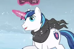 Size: 960x640 | Tagged: clothes, crystal empire, derpibooru import, magic, safe, scarf, screencap, shining armor, snow, snowfall, snow goggles, solo, telekinesis, the crystal empire