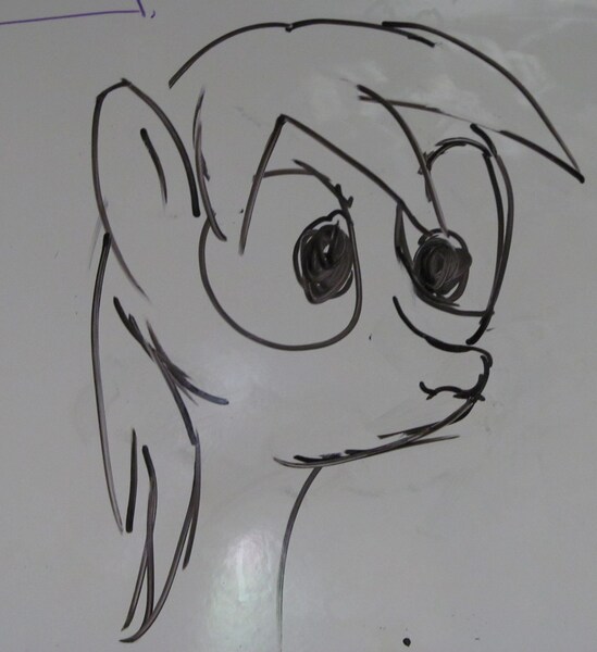 Size: 2738x2993 | Tagged: safe, artist:brightstarclick, derpibooru import, derpy hooves, pegasus, pony, black and white, drawing, female, grayscale, mare, scrunchy face, solo, traditional art, whiteboard