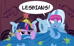 Size: 1200x748 | Tagged: safe, artist:pixelkitties, derpibooru import, smarty pants, trixie, twilight sparkle, twilight sparkle (alicorn), alicorn, pony, bed, big crown thingy, female, lesbian, mare, shipping, sleep mask, twixie