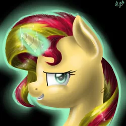 Size: 2000x2000 | Tagged: safe, artist:budgieflitter, derpibooru import, sunset shimmer, pony, unicorn, bust, grin, looking at you, magic, portrait, solo