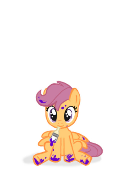 Size: 733x978 | Tagged: artist:supermanwich23, derpibooru import, messy, mouth hold, paint, paintbrush, paint in hair, paint on feathers, paint on fur, safe, scootaloo, solo
