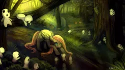 Size: 1853x1042 | Tagged: safe, artist:cherivinca, derpibooru import, fluttershy, crepuscular rays, forest, kodama, princess mononoke