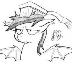 Size: 1500x1304 | Tagged: safe, artist:dj-black-n-white, derpibooru import, oc, oc:echo, unofficial characters only, bat pony, pony, brushie, monochrome, spread wings, toothbrush, unamused