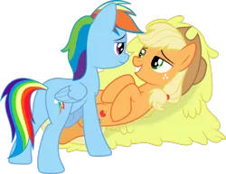 Size: 1600x1232 | Tagged: suggestive, artist:daydreamsyndrom, derpibooru import, applejack, rainbow dash, appledash, bedroom eyes, female, hay, lesbian, on back, plot, shipping, show accurate, simple background, transparent background, vector