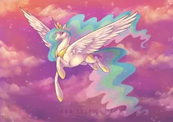 Size: 800x566 | Tagged: artist:kaceymeg, derpibooru import, flying, princess celestia, safe, solo