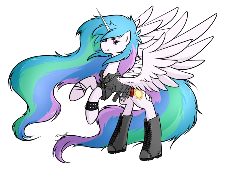 Size: 1257x950 | Tagged: safe, artist:secret-pony, derpibooru import, princess celestia, alicorn, pony, boots, bracelet, clothes, cutie mark, female, image, jacket, leather, leather boots, leather jacket, looking to the right, mare, messy mane, messy tail, multicolored mane, multicolored tail, png, punk, purple eyes, rearing, shoes, sideways glance, simple background, solo, spiked wristband, spread wings, transparent background, white coat, wings, wristband