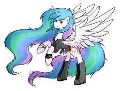 Size: 1257x950 | Tagged: safe, artist:secret-pony, derpibooru import, princess celestia, alicorn, pony, boots, bracelet, clothes, cutie mark, female, image, jacket, leather, leather boots, leather jacket, looking to the right, mare, messy mane, messy tail, multicolored mane, multicolored tail, png, punk, purple eyes, rearing, shoes, sideways glance, simple background, solo, spiked wristband, spread wings, transparent background, white coat, wings, wristband