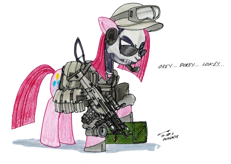 Size: 800x569 | Tagged: aimpoint, artist:buckweiser, derpibooru import, fn scar, gun, military, pinkamena diane pie, pinkie pie, reflex sight, rifle, safe, skull, solo, weapon