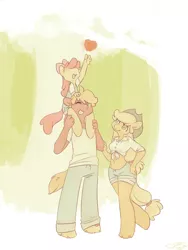 Size: 1050x1400 | Tagged: anthro, apple, apple bloom, applejack, artist:dahliabee, belly button, big macintosh, carrying, clothes, derpibooru import, front knot midriff, midriff, pants, pile, riding, safe, shorts, tree