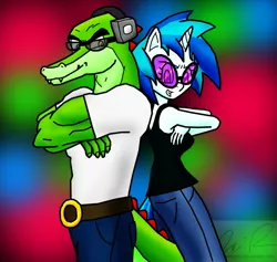Size: 1273x1205 | Tagged: anthro, artist:sonigoku, commission, crossover, crossover shipping, derpibooru import, female, interspecies, love, male, muscles, safe, shipping, sonic the hedgehog (series), straight, vector the crocodile, vectorvinyl, vinyl scratch