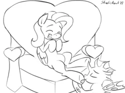 Size: 915x680 | Tagged: artist:strebiskunk, black and white, changeling, derpibooru import, fetish, fluttershy, flutterus, grayscale, hoof fetish, hoof licking, hoof tickling, licking, monochrome, oc, oc:vesairus, safe, tickling