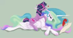 Size: 1280x665 | Tagged: artist:bri-sta, colored, derpibooru import, ear bite, female, heart, hooves, lesbian, lip bite, princess celestia, shipping, snuggling, suggestive, twilestia, twilight sparkle