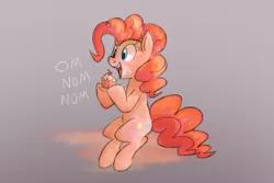 Size: 1095x730 | Tagged: safe, artist:saber-panda, derpibooru import, pinkie pie, earth pony, pony, cloud, cupcake, cute, diapinkes, eating, messy eating, nom, open mouth, pinkie being pinkie, sitting, sitting on cloud, solo