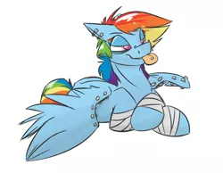 Size: 1000x777 | Tagged: safe, artist:cider, derpibooru import, rainbow dash, :p, bandage, bedroom eyes, ear piercing, floppy ears, fractured loyalty, piercing, prone, smiling, solo, spread wings, tongue out, tongue piercing, wing piercing