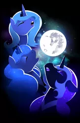 Size: 828x1280 | Tagged: safe, artist:karzahnii, derpibooru import, nightmare moon, princess luna, alicorn, pony, female, filly, howling, lunar trinity, mare, moon, night, parody, s1 luna, stars, three luna moon, three wolf moon, woona