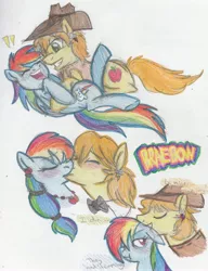 Size: 2340x3048 | Tagged: artist:enigmaticfrustration, braeburn, braedash, derpibooru import, female, kissing, male, rainbow dash, safe, shipping, straight, text, traditional art