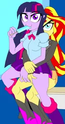 Size: 579x1104 | Tagged: suggestive, artist:terry, derpibooru import, sunset shimmer, twilight sparkle, equestria girls, breasts, clothes, female, food, glare, ice cream, lesbian, popsicle, sea salt ice cream, shipping, skirt, sunsetsparkle, wide hips