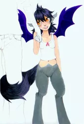 Size: 821x1205 | Tagged: safe, artist:-fuchs-, derpibooru import, oc, oc:yuzu, unofficial characters only, bat pony, human, satyr, belly button, bottomless, clothes, fangs, grin, holding hands, looking up, smiling, tail hug