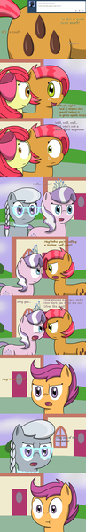 Size: 950x5850 | Tagged: angry, apple bloom, artist:pvryohei, ask, babs seed, derpibooru import, diamond tiara, glasses, safe, scootaloo, scrunchy face, shining bonds, silver spoon, tumblr