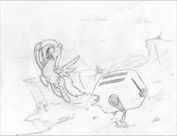 Size: 3263x2516 | Tagged: safe, artist:onsaud, derpibooru import, derpy hooves, pegasus, pony, robot, badass, female, fight, flying, frown, mare, monochrome, open mouth, sketch, solo, spread wings, toaster, wat