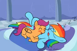 Size: 1200x792 | Tagged: artist:caluriri, derpibooru import, rainbow dash, safe, scootaloo, sleeping, zzz