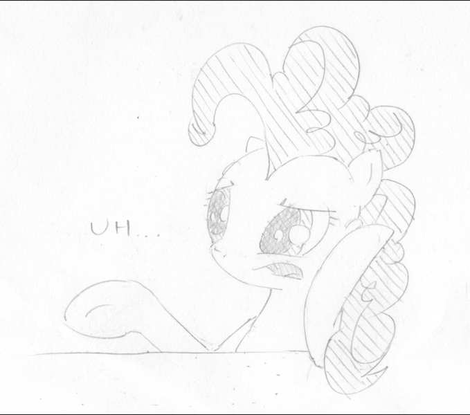 Size: 1394x1232 | Tagged: artist:onsaud, derpibooru import, monochrome, pinkie pie, safe, sketch, solo