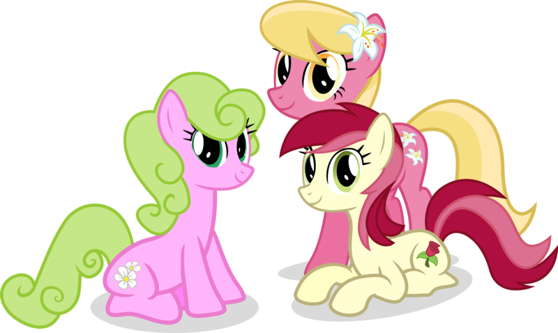 Size: 4083x2439 | Tagged: safe, artist:vector-brony, derpibooru import, daisy, flower wishes, lily, lily valley, roseluck, earth pony, pony, background pony, female, flower, flower in hair, flower trio, lily (flower), mare, prone, simple background, sitting, transparent background, trio, vector