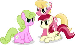 Size: 4083x2439 | Tagged: safe, artist:vector-brony, derpibooru import, daisy, flower wishes, lily, lily valley, roseluck, earth pony, pony, background pony, female, flower, flower in hair, flower trio, lily (flower), mare, prone, simple background, sitting, transparent background, trio, vector