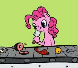 Size: 634x556 | Tagged: artist:onsaud, chopping, cleaver, conveyor belt, derpibooru import, glasses, knife, lime, mall, meat, phone, pinkie pie, safe, solo