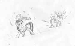 Size: 2575x1575 | Tagged: angry, artist:onsaud, derpibooru import, duck, feather, fight, flapping, flying, gritted teeth, magic, monochrome, raised hoof, safe, sketch, teleportation, twilight sparkle, wide eyes