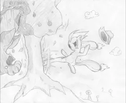 Size: 3094x2519 | Tagged: safe, artist:onsaud, derpibooru import, applejack, applebucking, elephant seal, monochrome, sketch, solo, tree