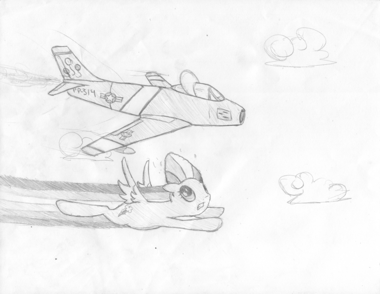 Size: 3266x2532 | Tagged: artist:onsaud, derpibooru import, f-86 sabre, flying, jet, monochrome, rainbow dash, safe