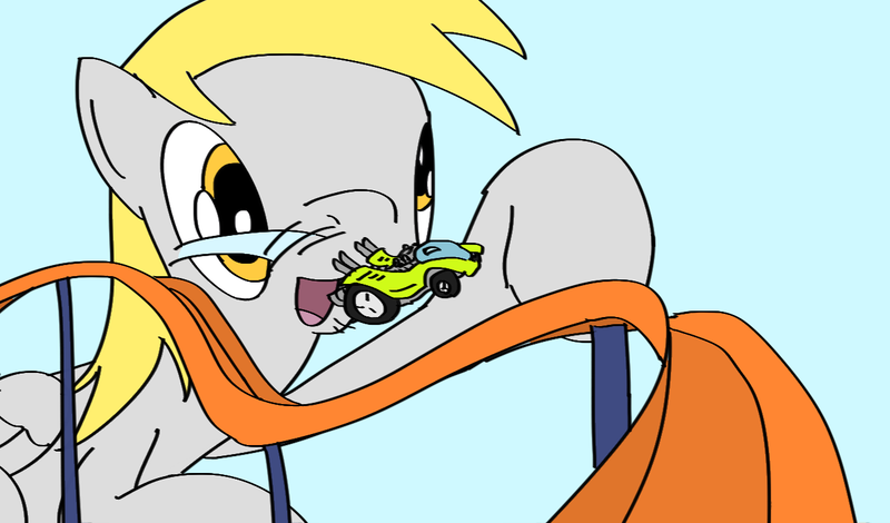 Size: 1280x752 | Tagged: safe, artist:onsaud, derpibooru import, derpy hooves, pegasus, pony, female, hot wheels, mare, solo, track