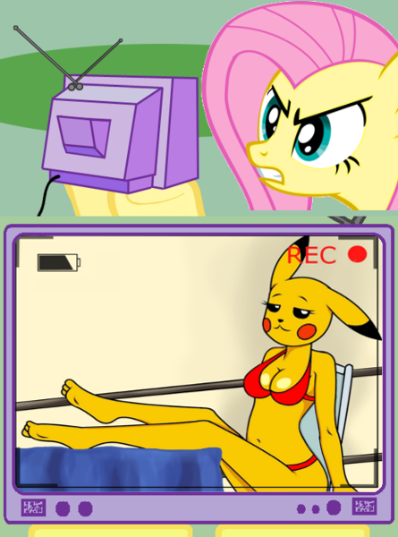 Size: 445x600 | Tagged: angry, anthro, artist needed, belly button, bikini, breasts, cleavage, clothes, derpibooru import, exploitable meme, female, fluttershy, innocence.mov, meme, obligatory pony, pikachu, suggestive, swimsuit, tv meme, wat