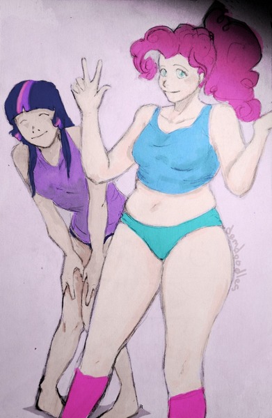 Size: 668x1024 | Tagged: artist:demdoodles, belly button, clothes, derpibooru import, humanized, pajamas, panties, pinkie pie, safe, sleepover, socks, tanktop, twilight sparkle, underwear