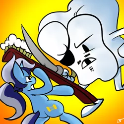 Size: 1000x1000 | Tagged: artist:fauxsquared, dead source, derpibooru import, fight, minuette, pirate, safe, sword, tooth, toothbrush, weapon