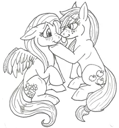 Size: 556x600 | Tagged: applejack, appleshy, artist:ratdust, derpibooru import, female, fluttershy, lesbian, missing accessory, monochrome, safe, shipping