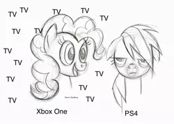 Size: 900x644 | Tagged: safe, artist:lauren faust, derpibooru import, edit, pinkie pie, rainbow dash, console wars, fake, monochrome, playstation 4, xbox one