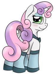 Size: 1181x1566 | Tagged: artist:thexiiilightning, blushing, bowtie, clothes, cute, derpibooru import, featureless crotch, foal, makeup, safe, socks, solo, sweetie belle