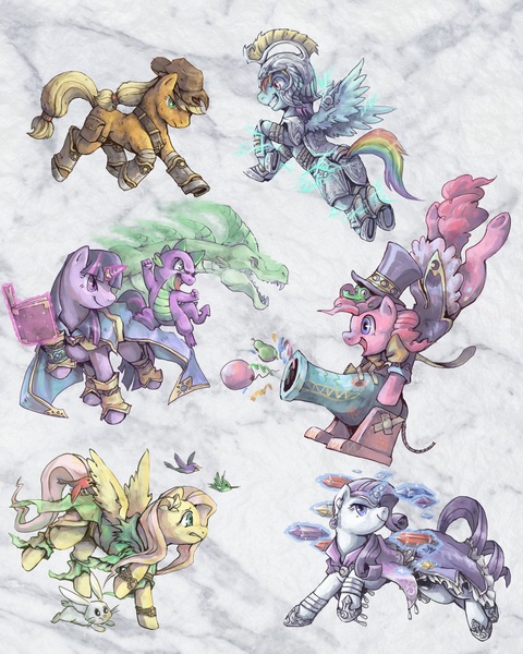 Size: 2000x2500 | Tagged: action pose, applejack, armor, artist:audrarius, clothes, derpibooru import, fantasy class, fluttershy, gummy, magic, mane seven, mane six, party cannon, pinkie pie, rainbow dash, rarity, safe, spike, twilight sparkle