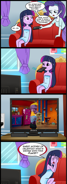 Size: 714x1948 | Tagged: safe, artist:madmax, derpibooru import, edit, rarity, twilight sparkle, human, equestria girls, clothes, comic, mother of celestia, mouth hold, oogieloves, pony (sony), television, toofie, towel, underwear, what's wrong with this place