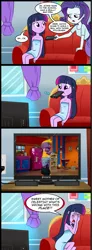 Size: 714x1948 | Tagged: safe, artist:madmax, derpibooru import, edit, rarity, twilight sparkle, human, equestria girls, clothes, comic, mother of celestia, mouth hold, oogieloves, pony (sony), television, toofie, towel, underwear, what's wrong with this place